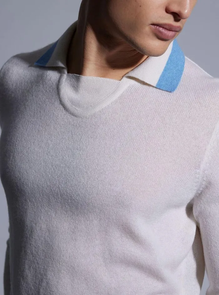 Men Paul Stuart Sweaters Open Collar Cashmere Sweater Whitelight Blue