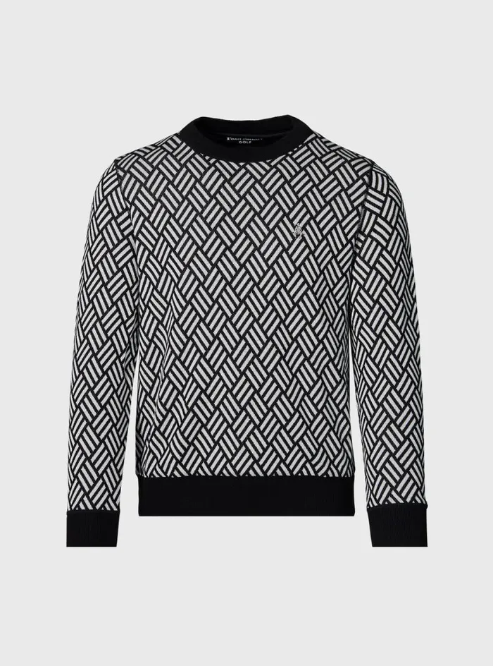 Men Paul Stuart Sweaters Parquet Pattern JacquardCrewneck Black