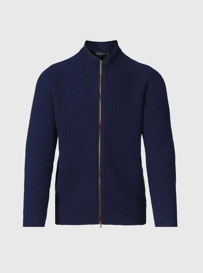 Men Paul Stuart Sweaters Textured Wool and Cashmere Full Zip Cardigan Navy