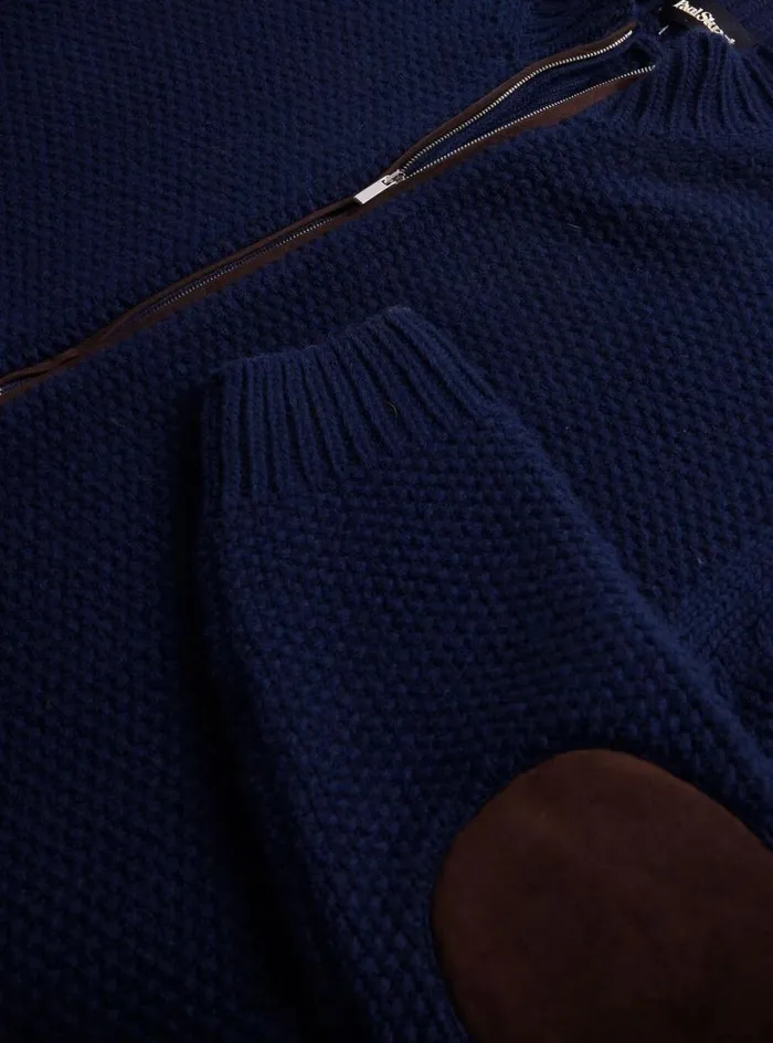 Men Paul Stuart Sweaters Textured Wool and Cashmere Full Zip Cardigan Navy