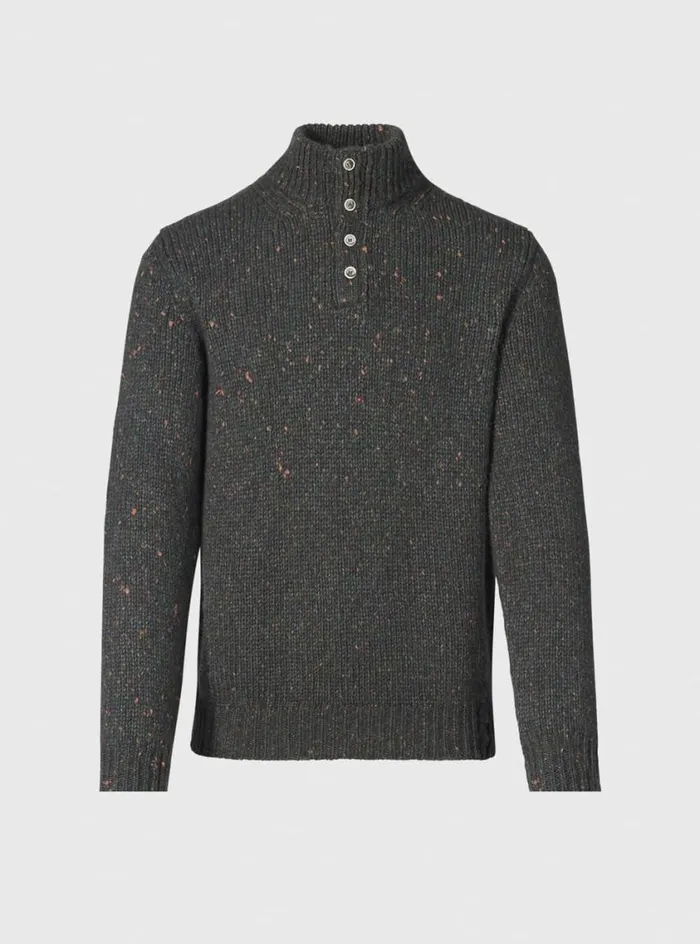Men Paul Stuart Sweaters Wool and Cashmere Donegal Button Mock Neck Dark Olive