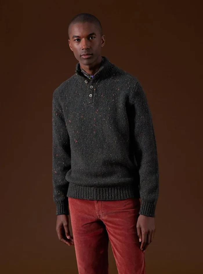 Men Paul Stuart Sweaters Wool and Cashmere Donegal Button Mock Neck Dark Olive