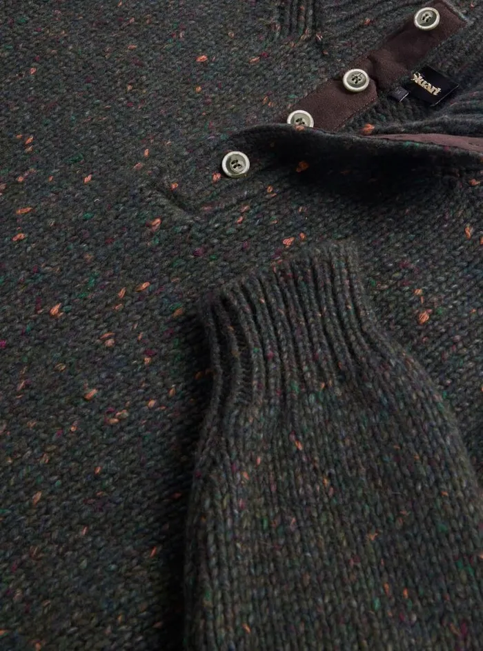 Men Paul Stuart Sweaters Wool and Cashmere Donegal Button Mock Neck Dark Olive