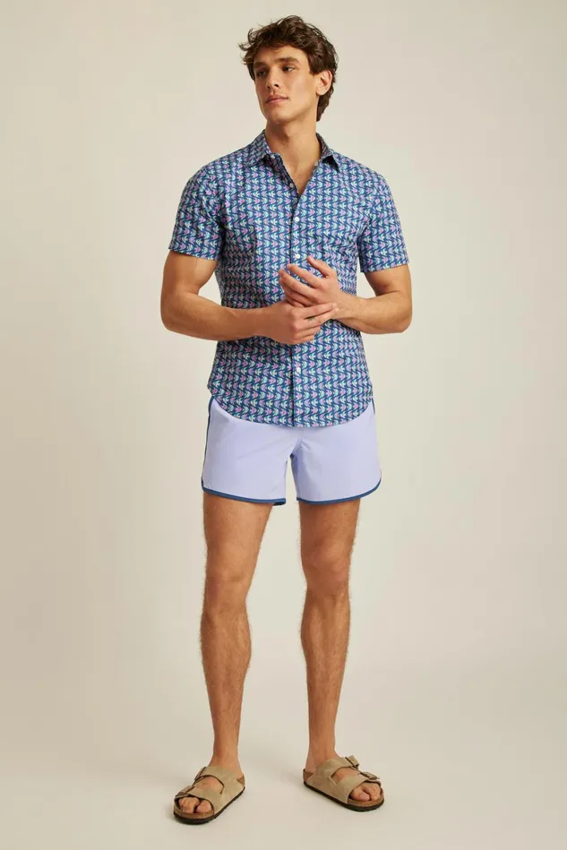 Men Riviera Short Sleeve Shirt Navy Pink Fish Waves Bonobos Casual Shirts