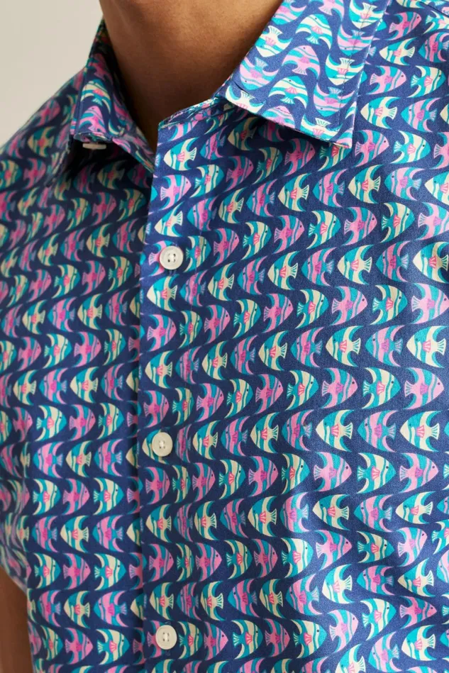 Men Riviera Short Sleeve Shirt Navy Pink Fish Waves Bonobos Casual Shirts