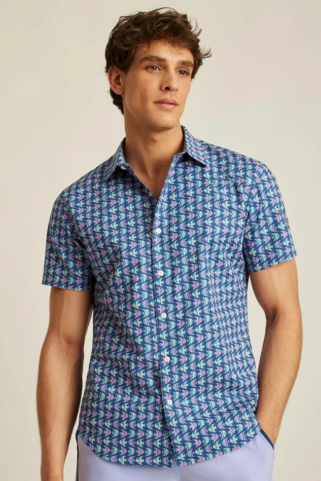 Men Riviera Short Sleeve Shirt Navy Pink Fish Waves Bonobos Casual Shirts