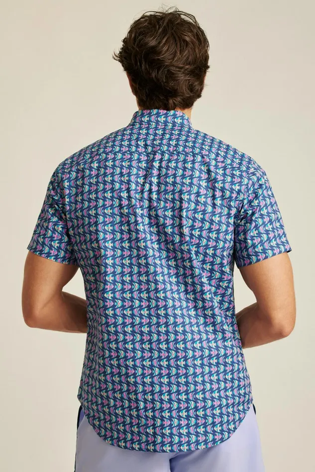 Men Riviera Short Sleeve Shirt Navy Pink Fish Waves Bonobos Casual Shirts