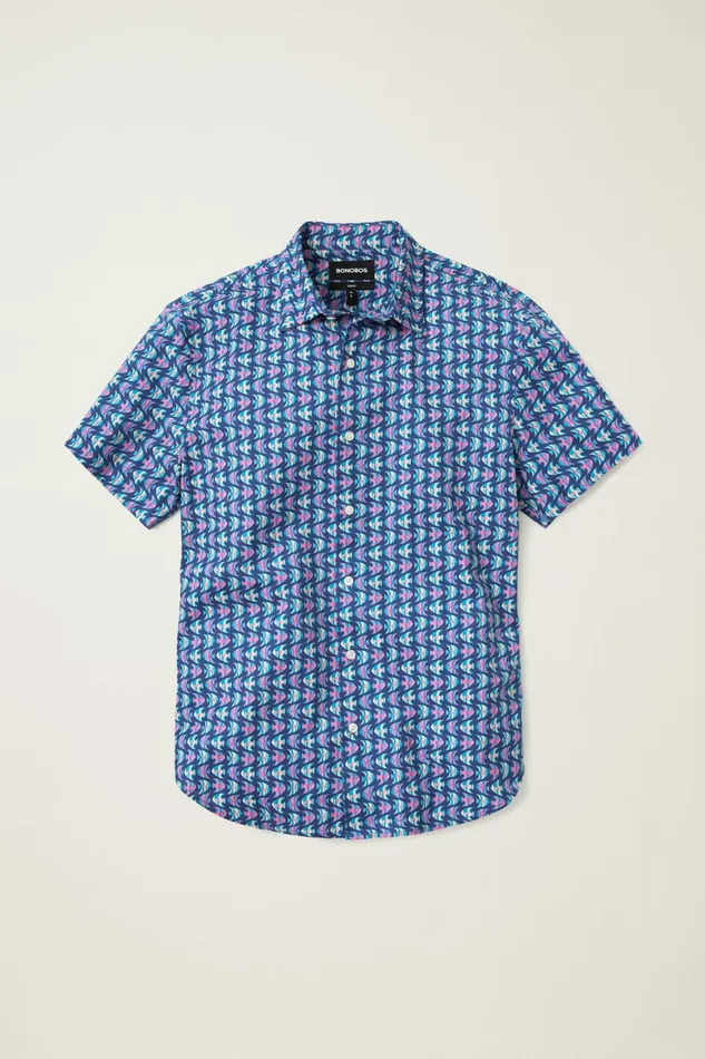Men Riviera Short Sleeve Shirt Navy Pink Fish Waves Bonobos Casual Shirts