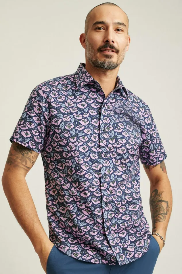 Men Riviera Short Sleeve Shirt Navy Pink Floral Bonobos Casual Shirts