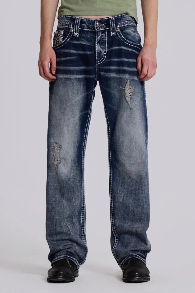 Men Rock Revival Mid Blue Gwen Bootcut Jeans Jaded London SlimStraight Jeans