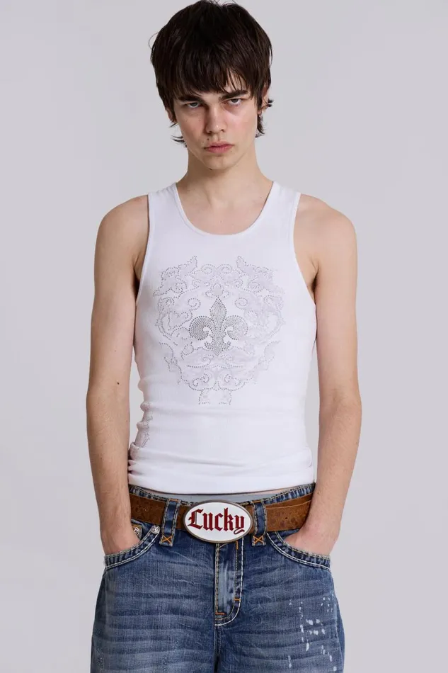 Men Rock Revival White Fleur De Lis Vest Jaded London TShirts and Vests