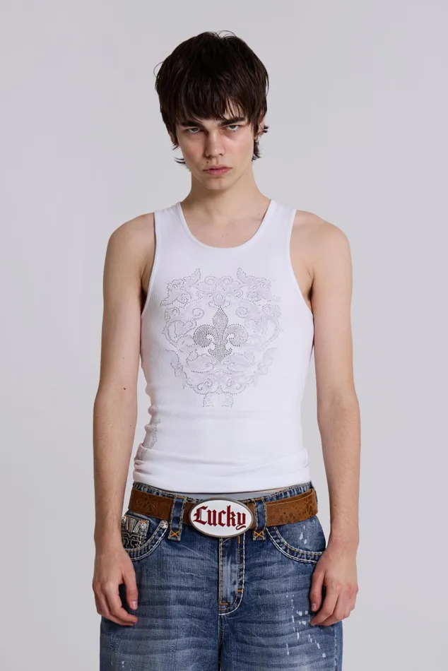 Men Rock Revival White Fleur De Lis Vest Jaded London TShirts and Vests