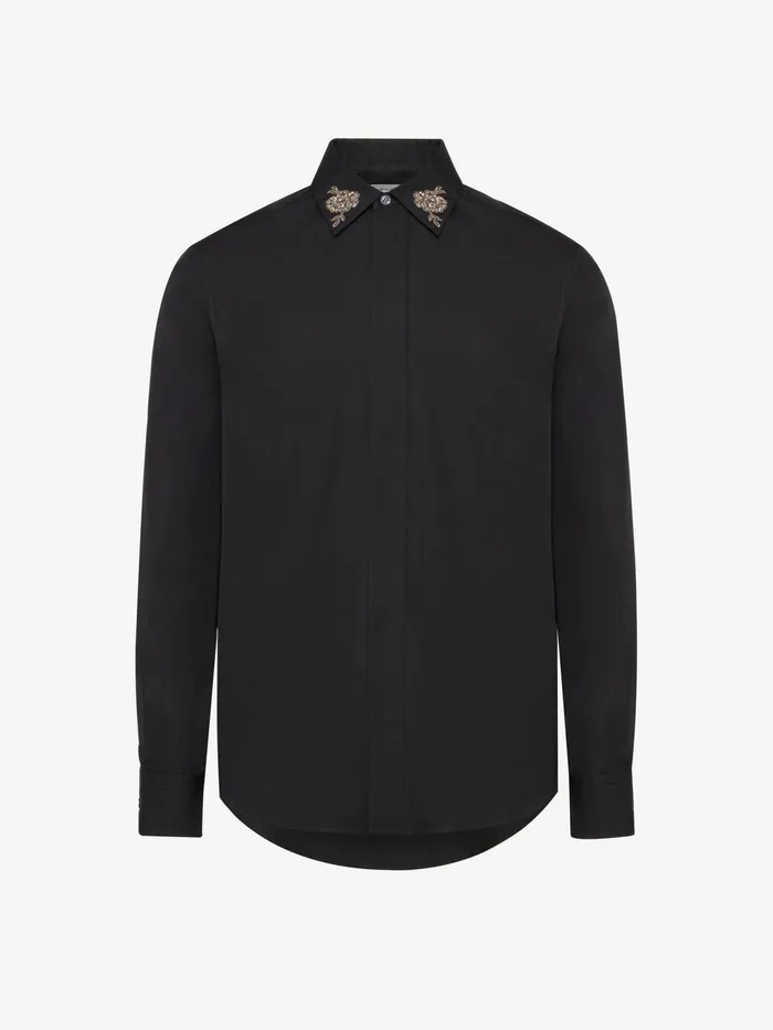 Men Shirts Alexander McQueen Embroidered Collar Shirt Black