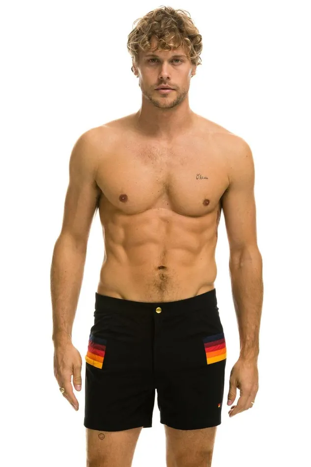 Men Shorts Aviator Nation Horizontal 5 Stripe Flex Shorts 8211 Black