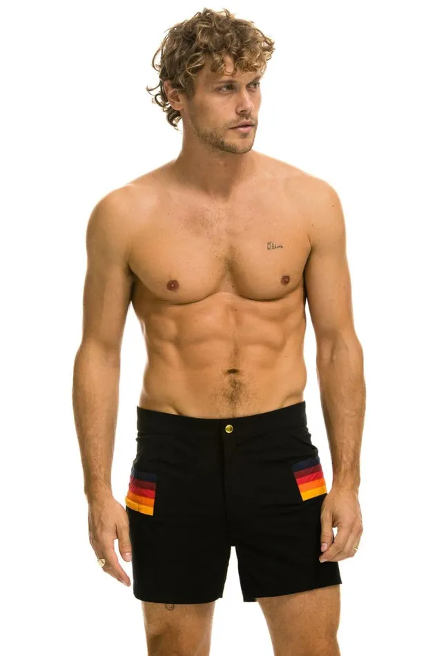 Men Shorts Aviator Nation Horizontal 5 Stripe Flex Shorts 8211 Black