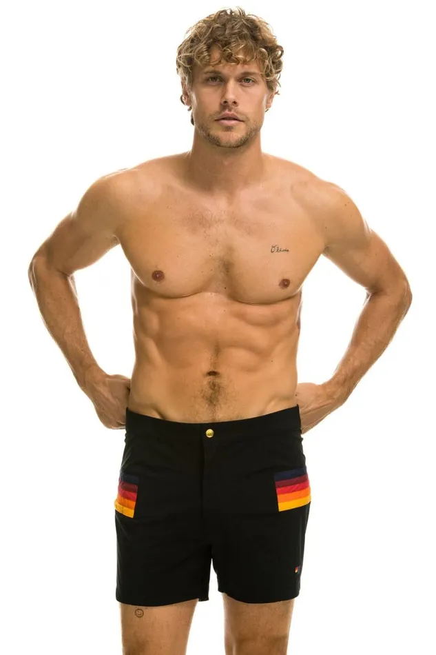 Men Shorts Aviator Nation Horizontal 5 Stripe Flex Shorts 8211 Black