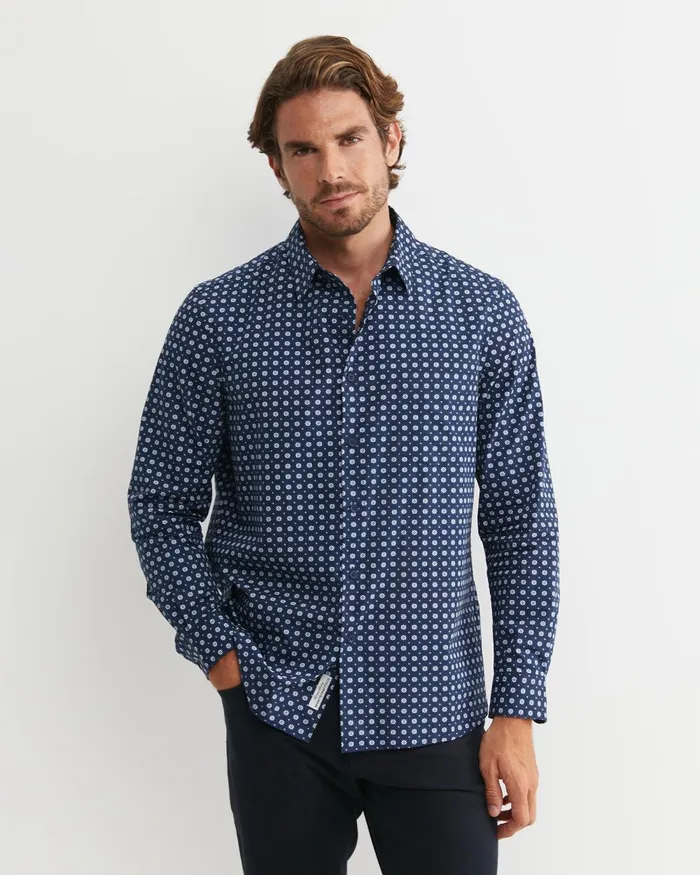 Men Sportscraft Shirts William Long Sleeve Print Shirt Navy