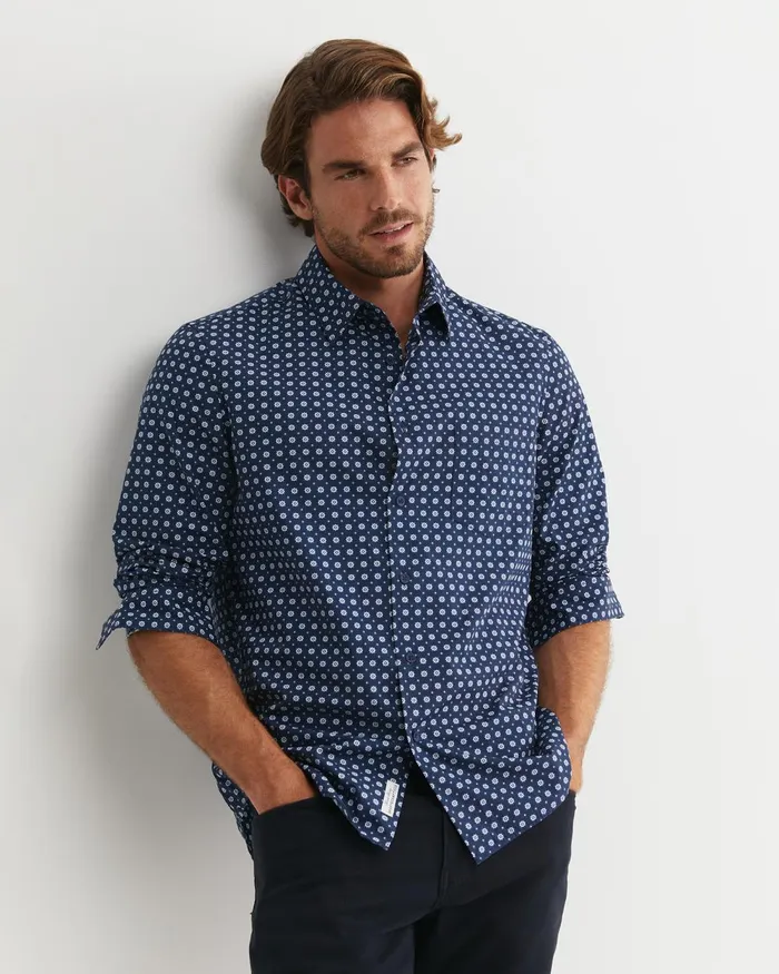 Men Sportscraft Shirts William Long Sleeve Print Shirt Navy