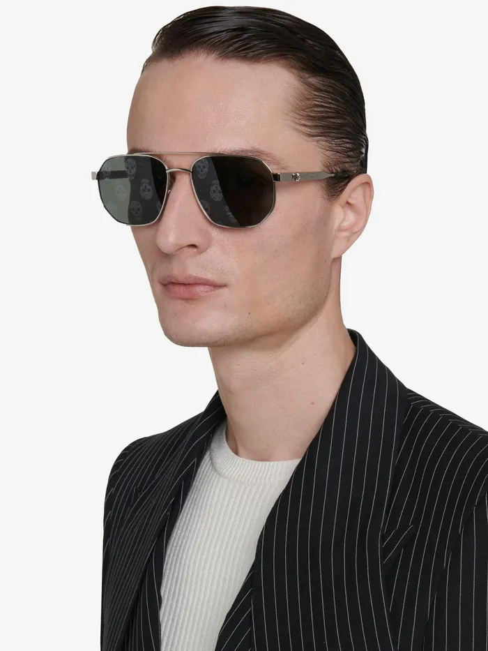 Men Sunglasses Alexander McQueen Floating Skull Metal Caravan Sunglasses Silver