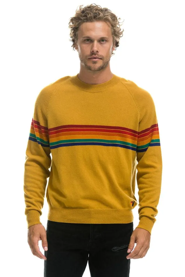 Men Sweatshirts Aviator Nation Rainbow Stripe 6 Unisex Light Cashmere Sweater 8211 Harvest
