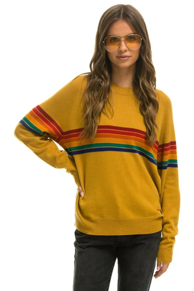 Men Sweatshirts Aviator Nation Rainbow Stripe 6 Unisex Light Cashmere Sweater 8211 Harvest