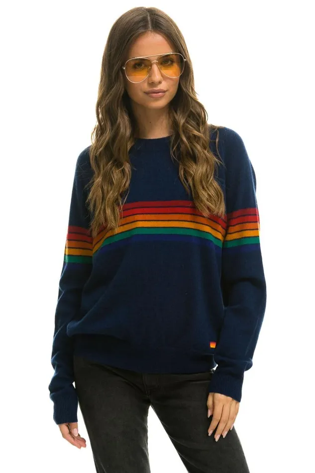 Men Sweatshirts Aviator Nation Rainbow Stripe 6 Unisex Light Cashmere Sweater 8211 Midnight Men Sweatshirts Aviator Nation Rainbow Stripe 6 Unisex Light Cashmere Sweater 8211 Midnight