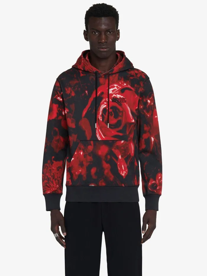 Men TShirts And Sweatshirts Alexander McQueen Wax Flower Hooded Sweatshirt Blackred