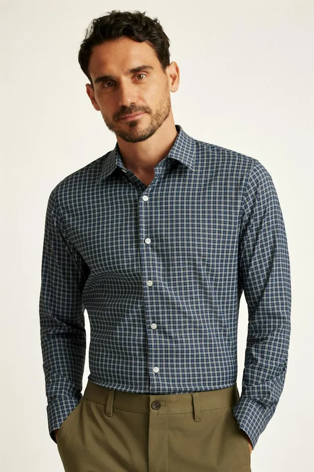 Men Tech Button Down Shirt Dark Navy Plaid Bonobos Casual Shirts