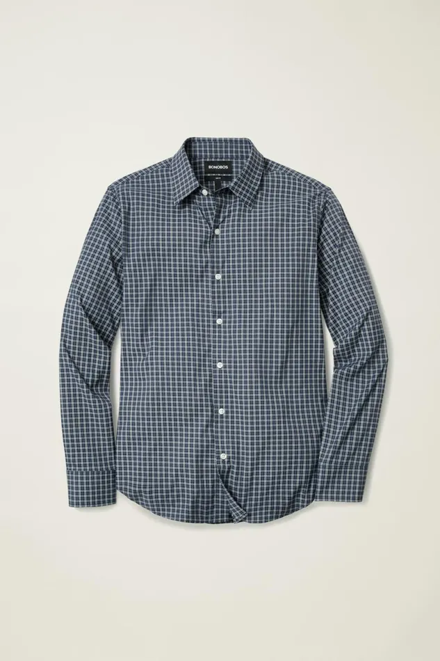 Men Tech Button Down Shirt Dark Navy Plaid Bonobos Casual Shirts