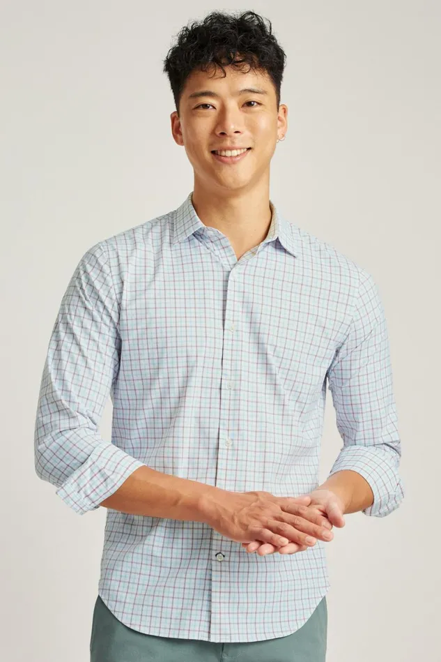 Men Tech Button Down Shirt Light Blue Raspberry Tattersall Bonobos Casual Shirts
