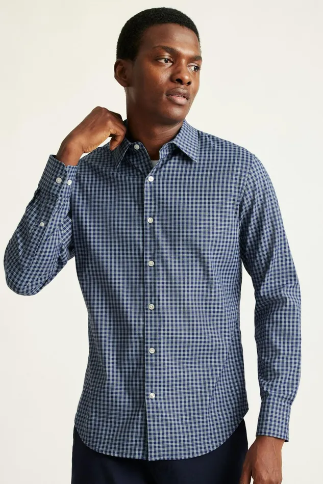 Men Tech Button Down Shirt Navy Blackstone Plaid Bonobos Casual Shirts