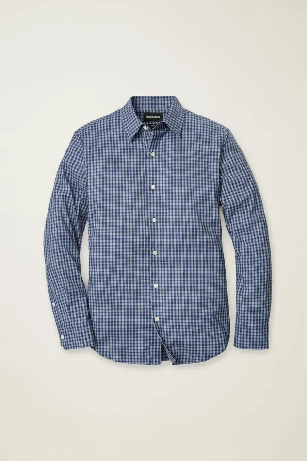 Men Tech Button Down Shirt Navy Blackstone Plaid Bonobos Casual Shirts