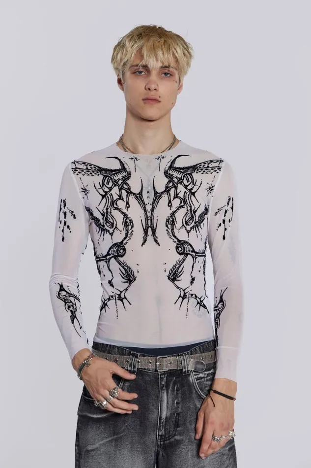 Men White Long Sleeve With Flock Tattoo Print Jaded London TShirts and Vests