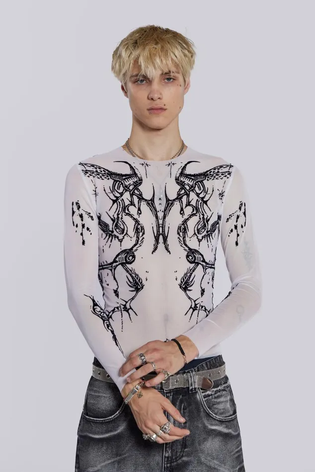 Men White Long Sleeve With Flock Tattoo Print Jaded London TShirts and Vests