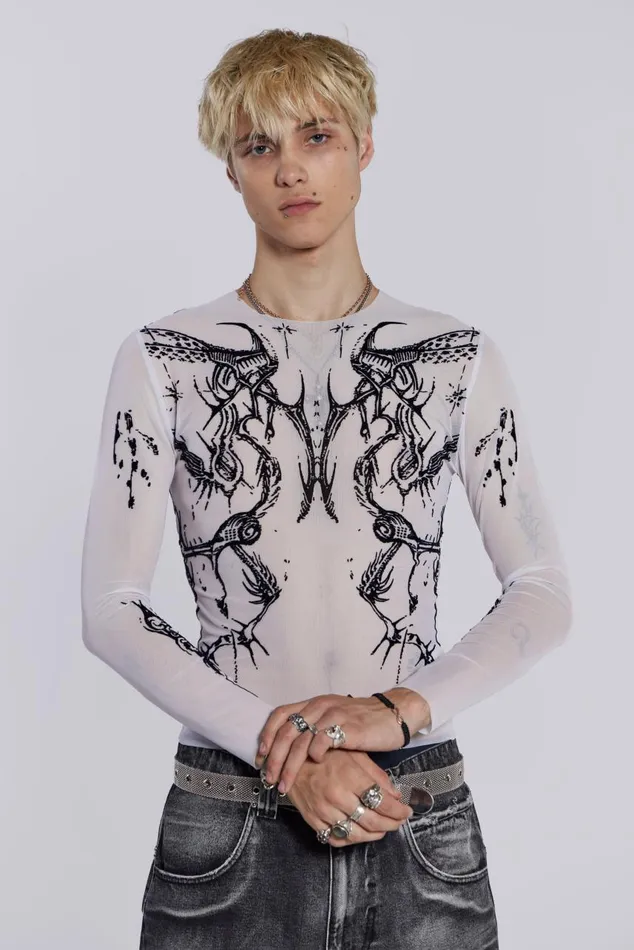 Men White Long Sleeve With Flock Tattoo Print Jaded London TShirts and Vests