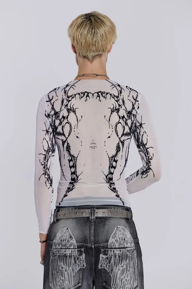 Men White Long Sleeve With Flock Tattoo Print Jaded London TShirts and Vests