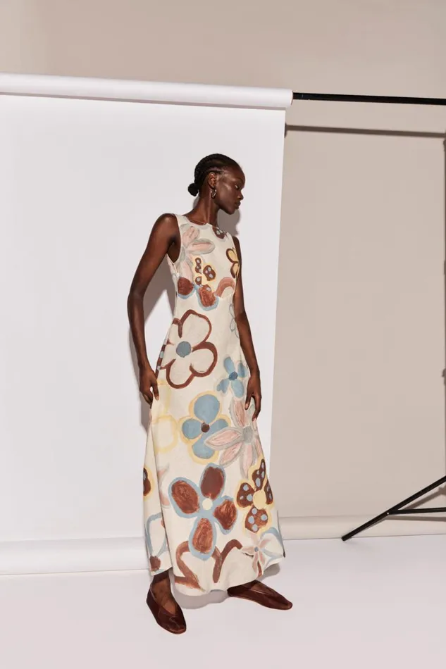 MidiMaxi Dresses Women VRG GRL Art Of Bloom Linen Bias Cut Maxi Dress Flower