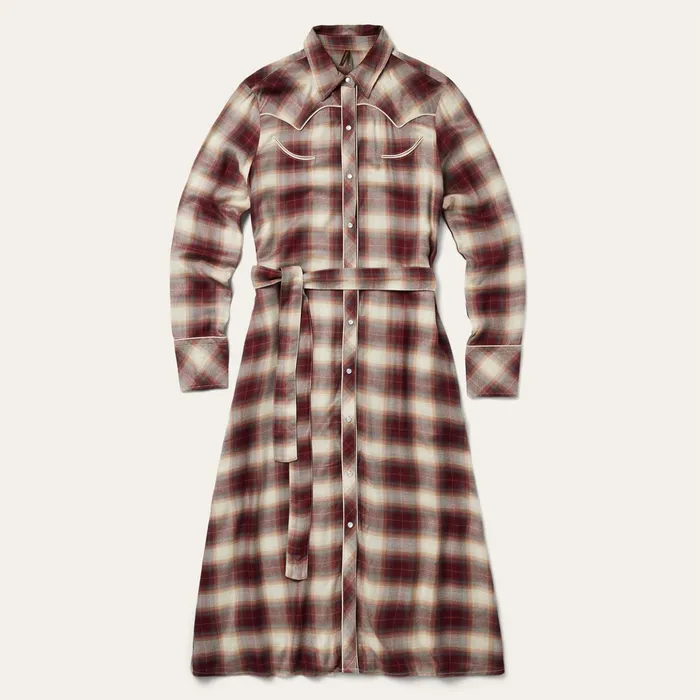 Midi Women Stetson Black Cherry Plaid Shirt Dress Red
