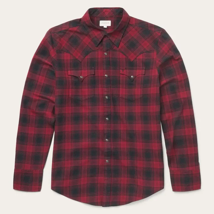 Modern Cut Men Stetson Brushed Twill Plaid Shirt Black