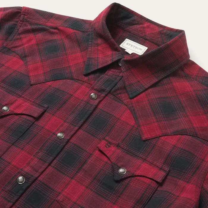 Modern Cut Men Stetson Brushed Twill Plaid Shirt Black