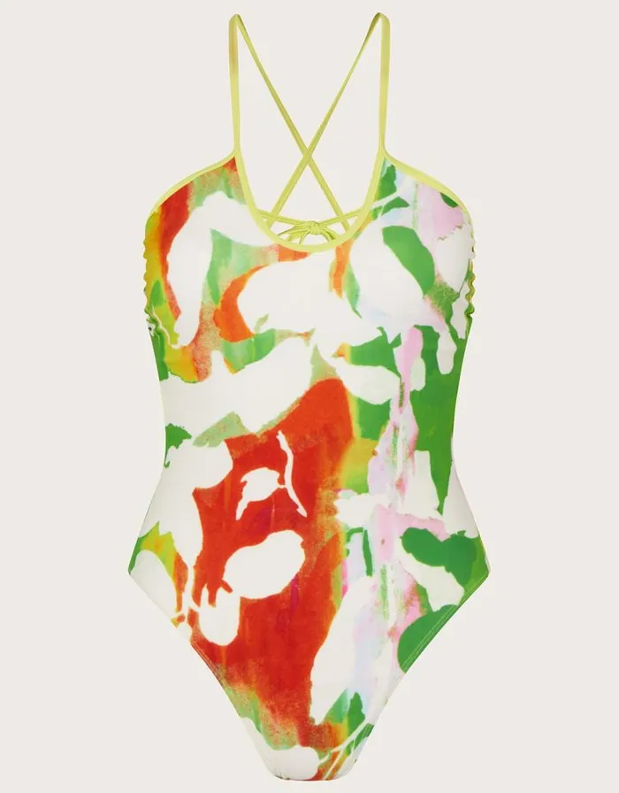 Monsoon Abstract Floral Print Swimsuit With Recycled Polyester Green Women Beachwear and Swimwear