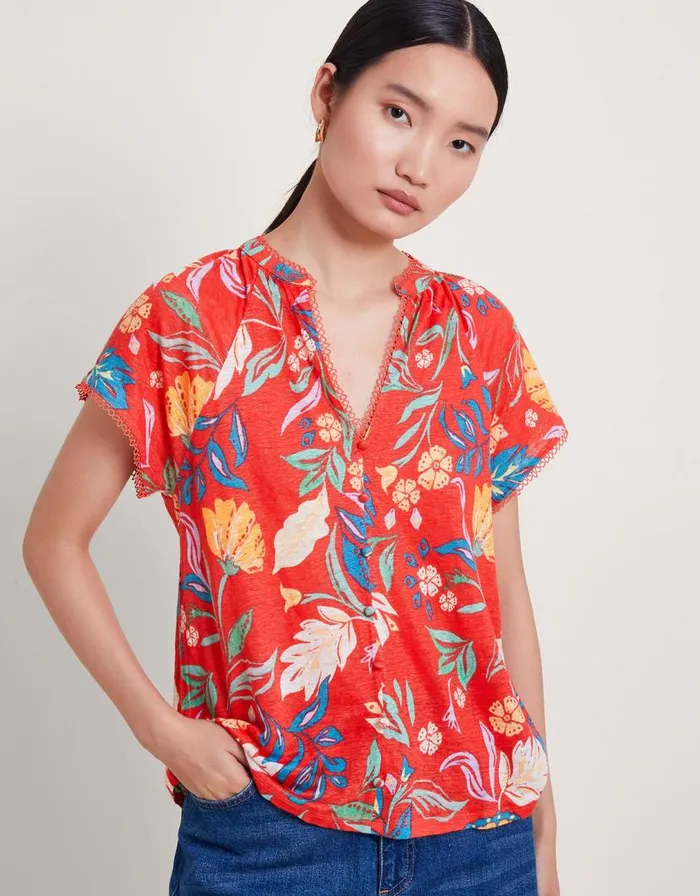 Monsoon Alma Print Linen TShirt Red Women Tops and Blouses