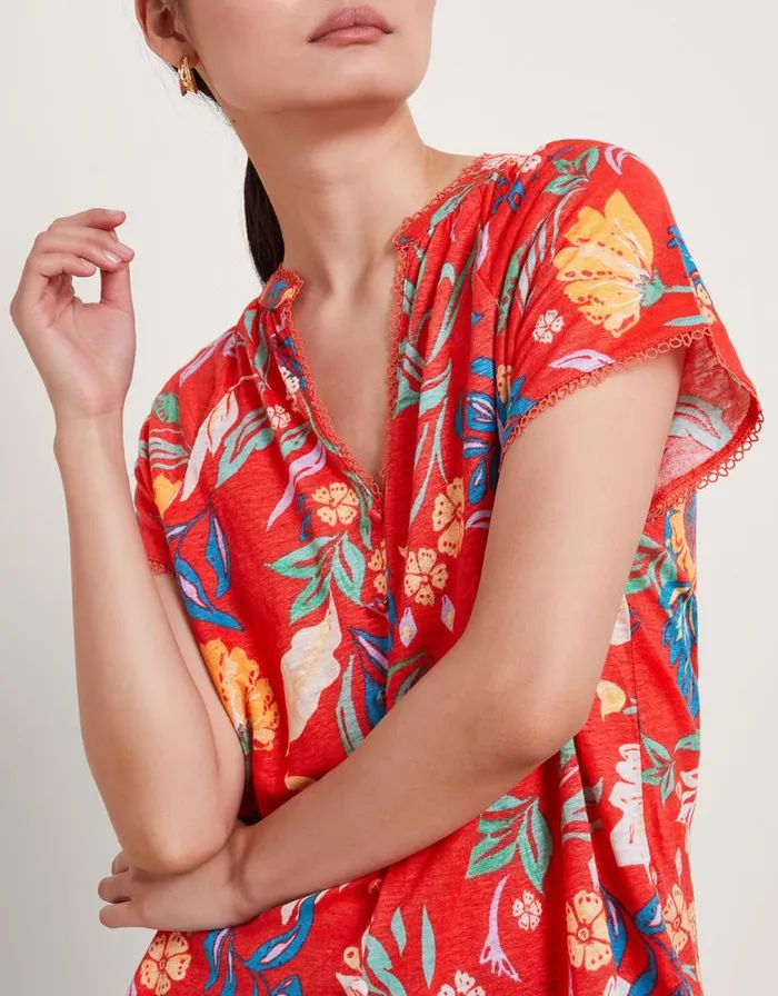 Monsoon Alma Print Linen TShirt Red Women Tops and Blouses Monsoon Alma Print Linen TShirt Red Women Tops and Blouses