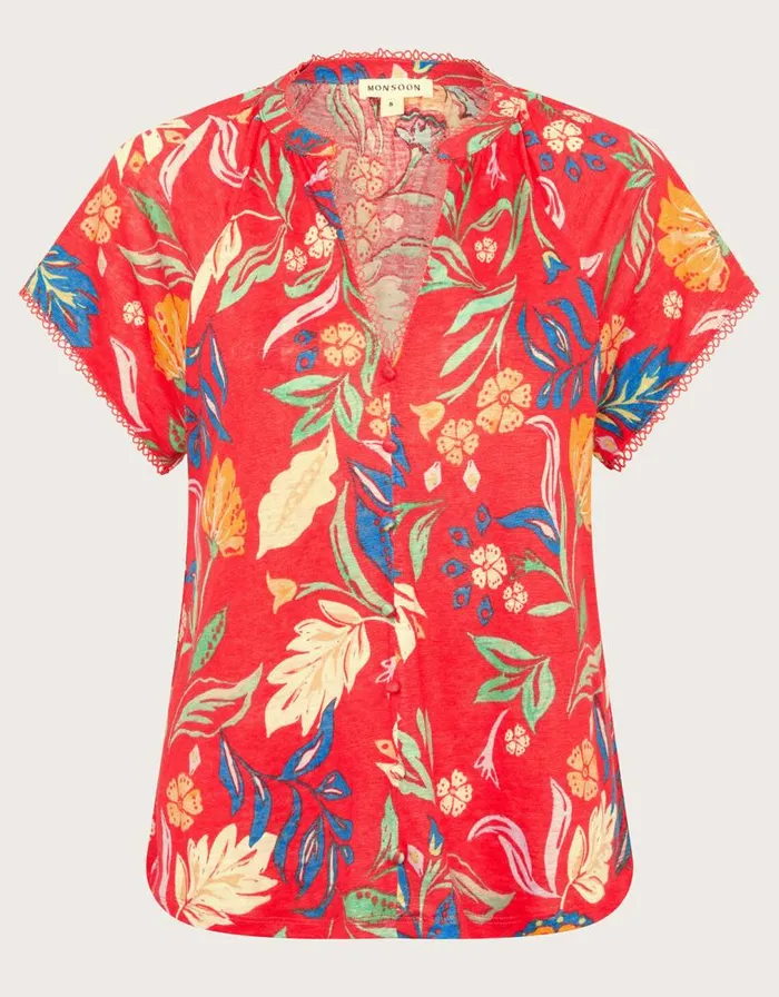 Monsoon Alma Print Linen TShirt Red Women Tops and Blouses Monsoon Alma Print Linen TShirt Red Women Tops and Blouses