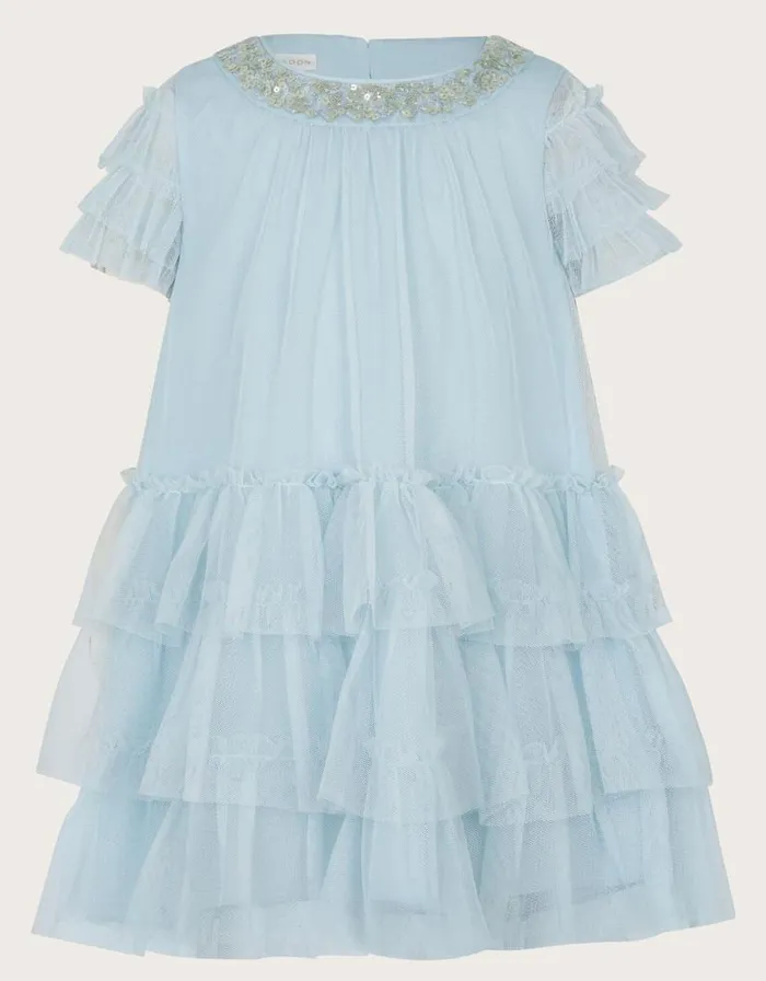 Monsoon Baby Alexandra Ruffle Dress Blue Children Dresses