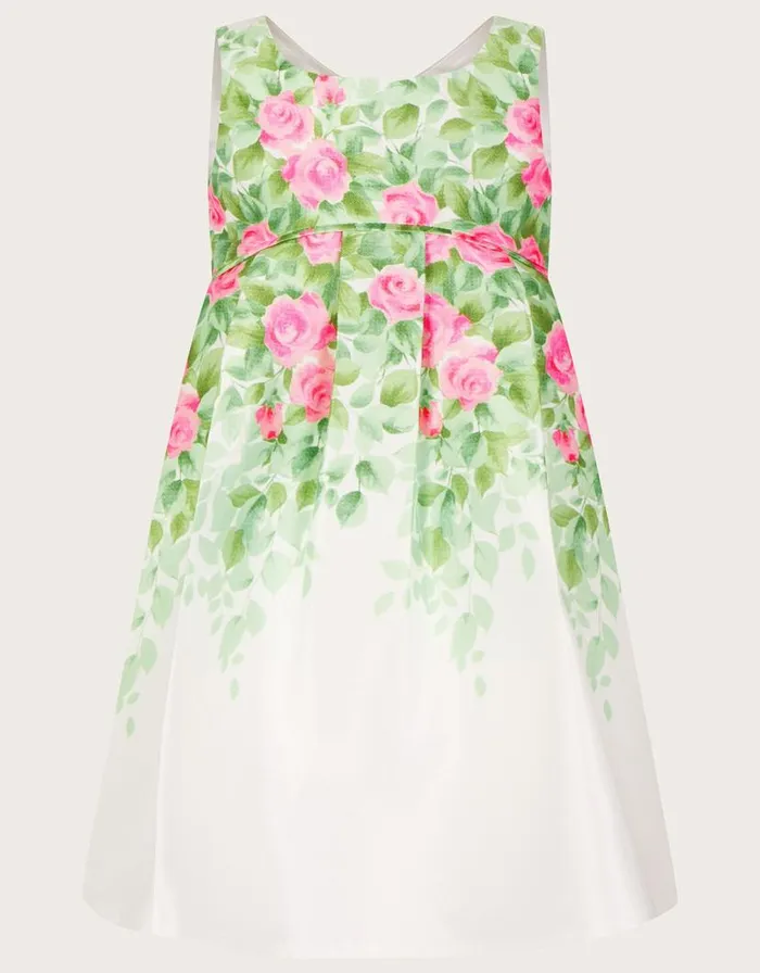 Monsoon Baby Botanical Print Rose Duchess Dress Ivory Children Partywear