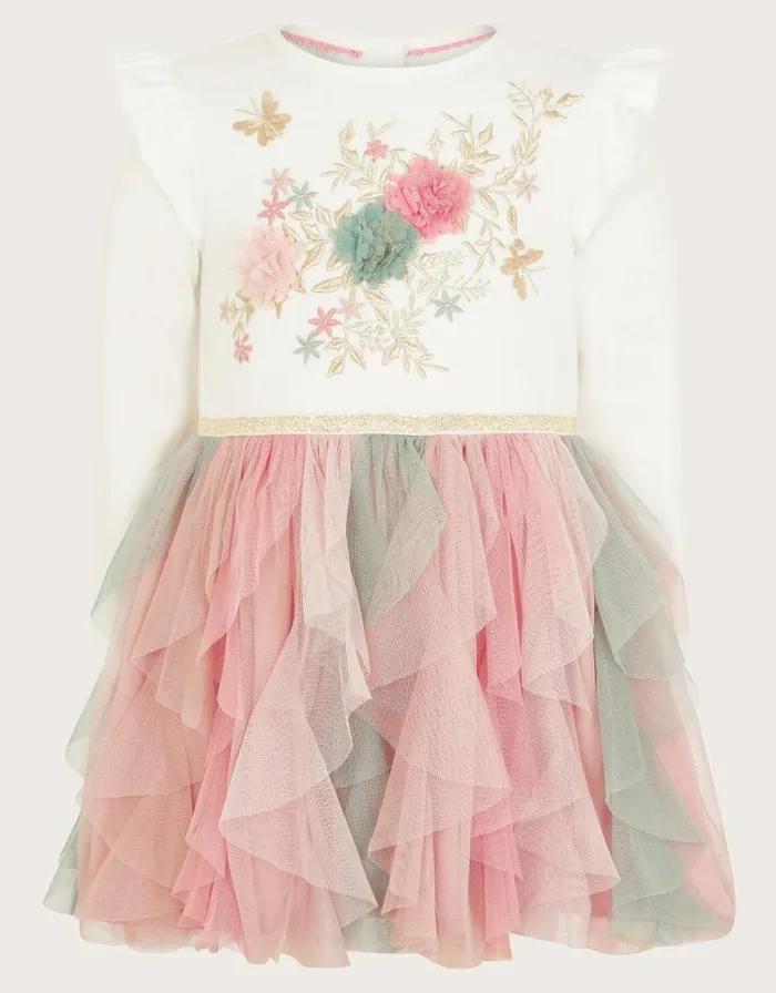 Monsoon Baby Floral Tulle Long Sleeve Disco Dress Ivory Children Dresses