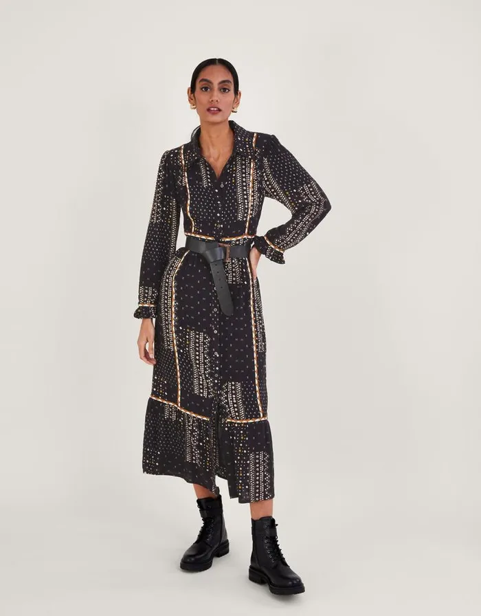 Monsoon Bandhani Print Midi Dress In LENZING ECOVERO Black Women Casualwear