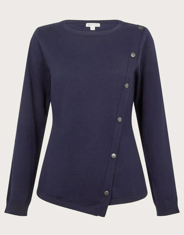 Monsoon Blythe Asymmetrical Button Jumper Blue Women Knitwear