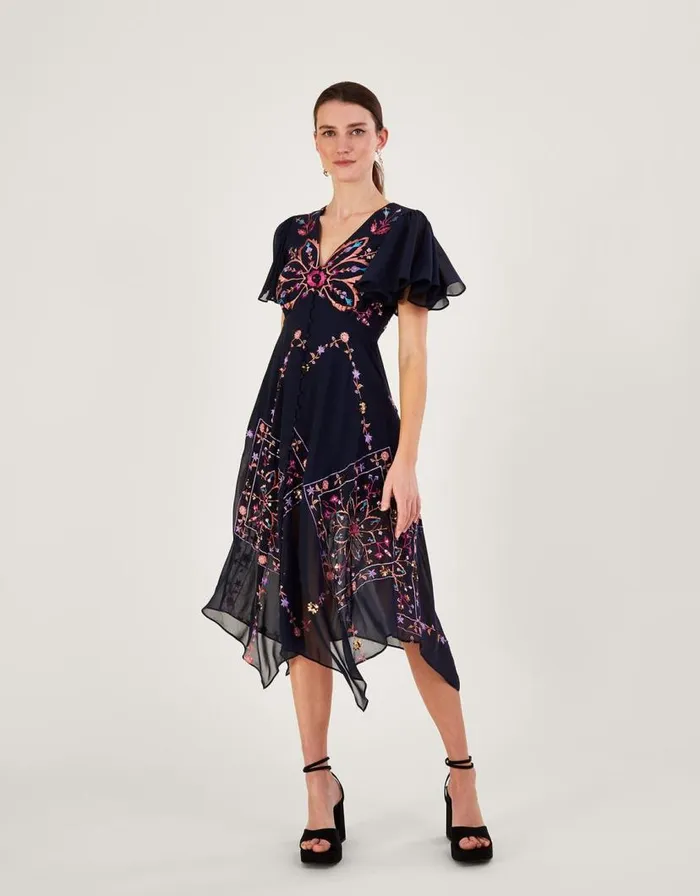 Monsoon Brittany Embroidered Dress In Recycled Polyester Blue Women Occasion Dresses